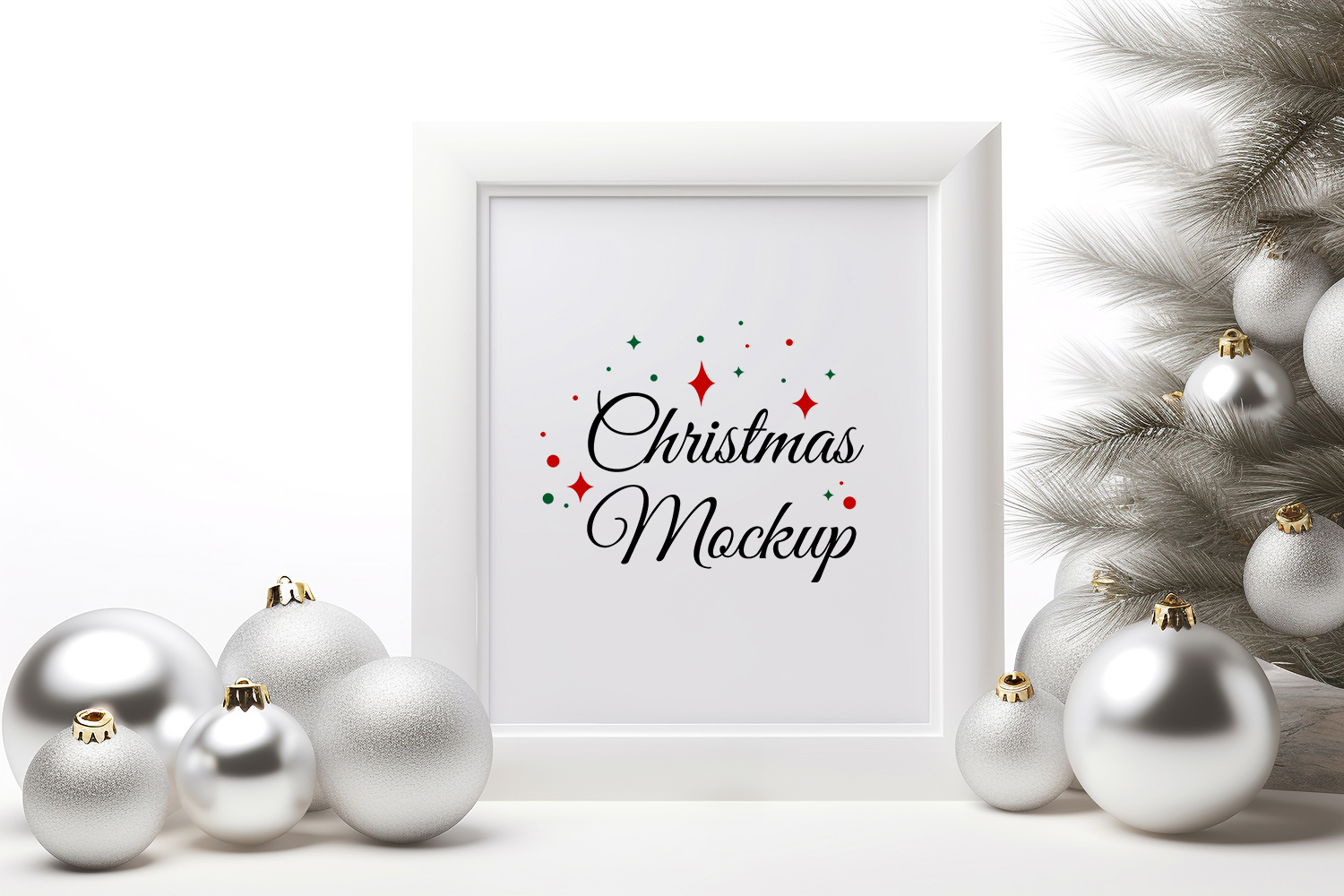 Christmas Square Frame Mockup with White Baubles Mockupdaddy