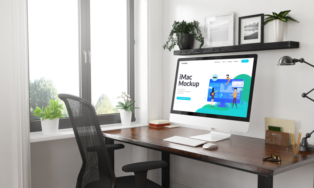 Free IMac In Office Mockup   Mockup Daddy