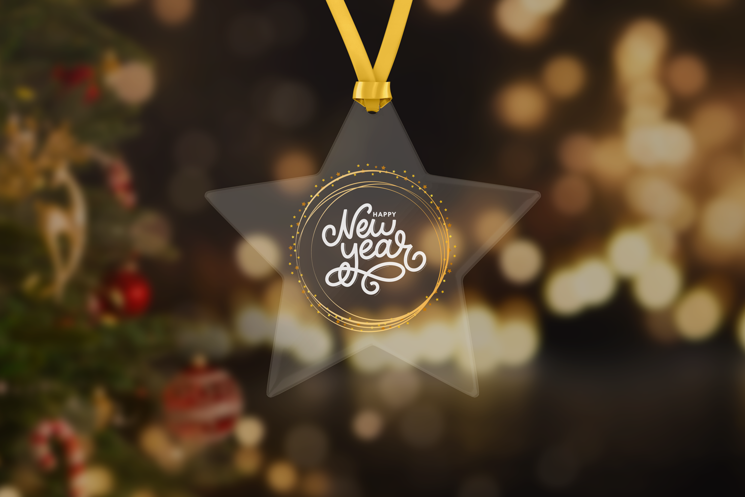 Christmas star ornament mockup hanging from red ribbon