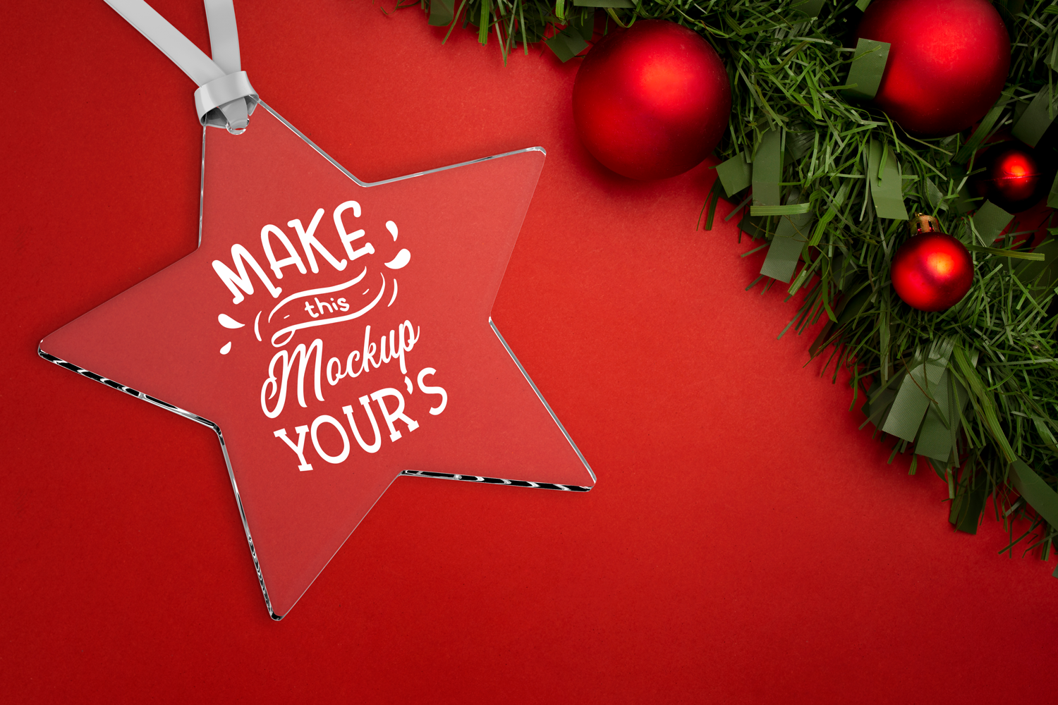 Star-shaped Christmas ornament mockup with red ribbon