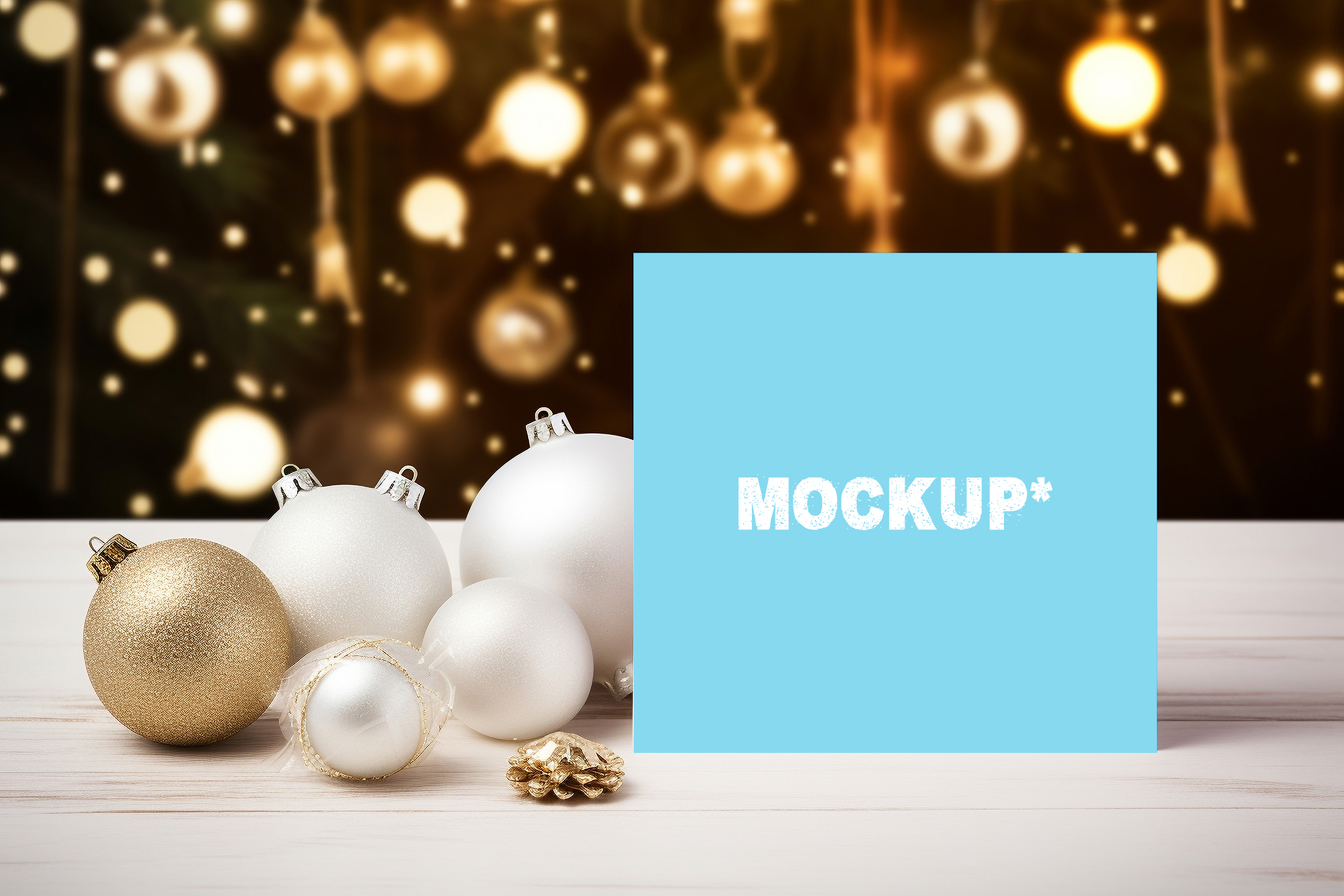 Christmas Card Mockup With Baubles - Mockup Daddy