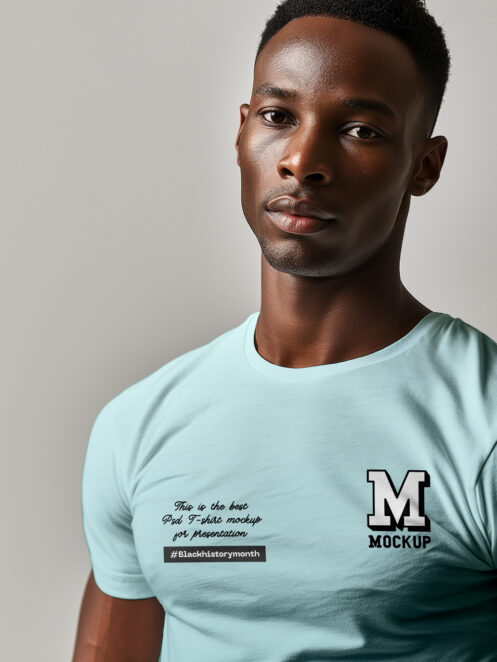 Close Up Black Man Wearing T-Shirt Template Mockup - Mockup Daddy