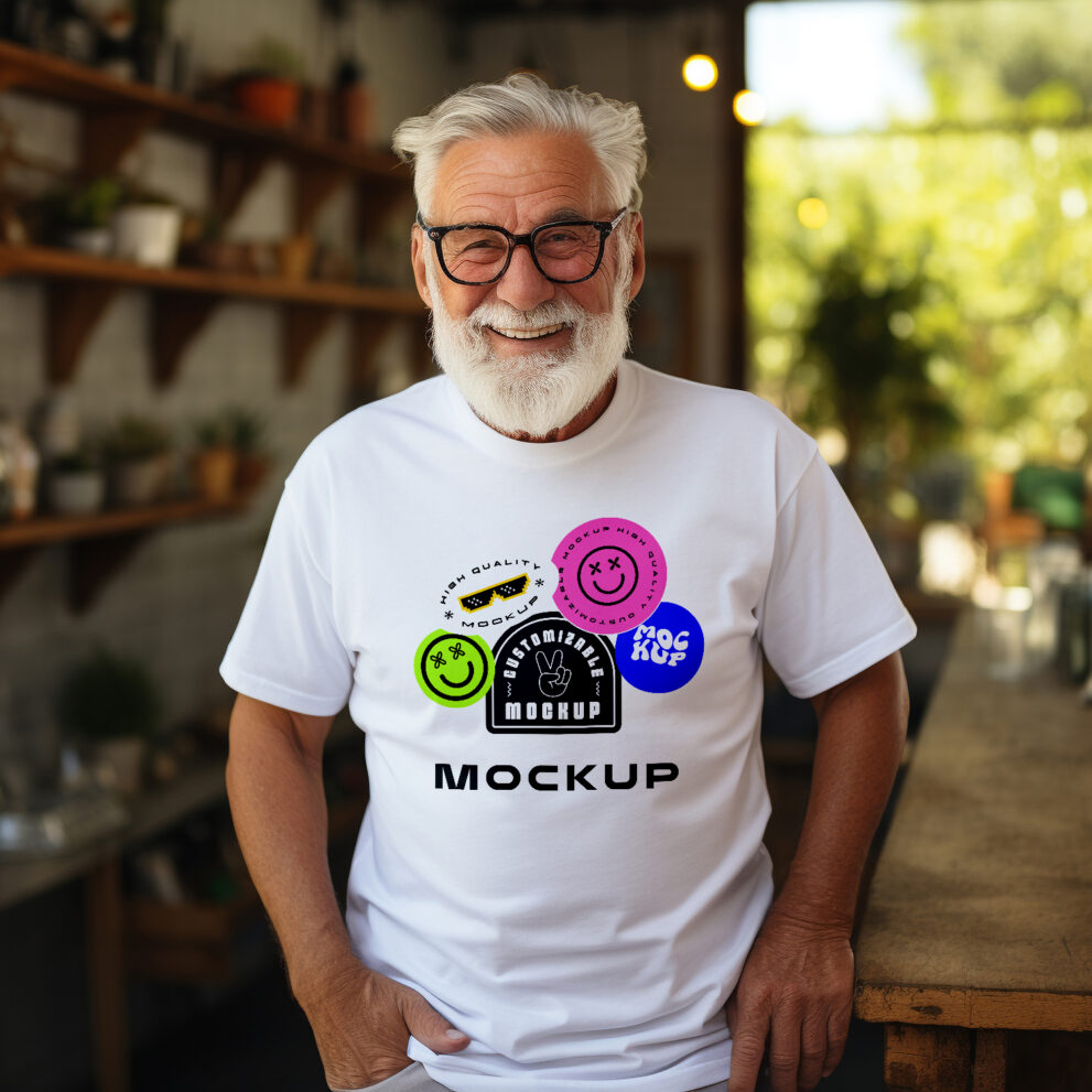 Smiling Old Man Wearing T-Shirt Mockup - Mockup Daddy