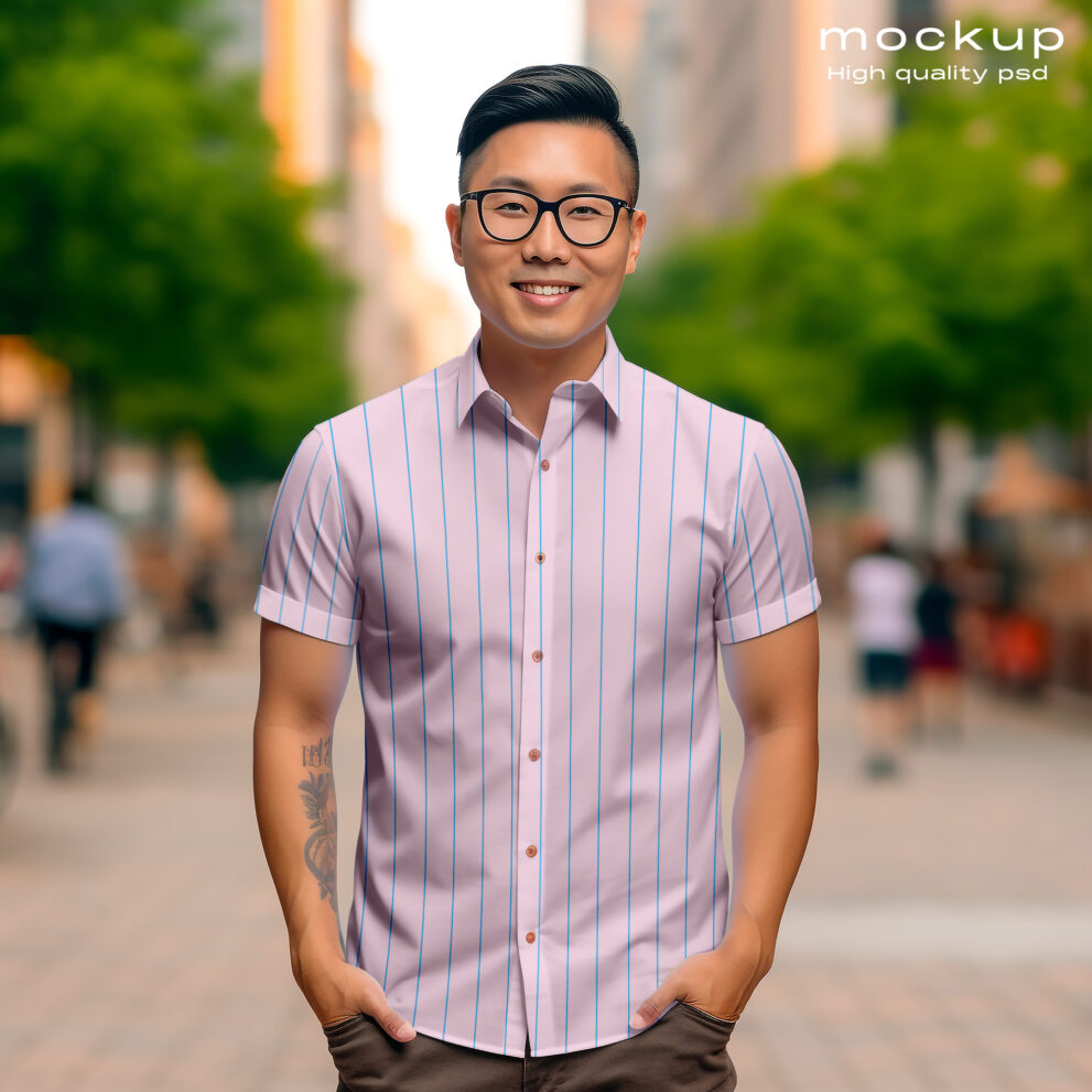 Outdoor Asian Man Wearing Shirt Mockup - Mockup Daddy