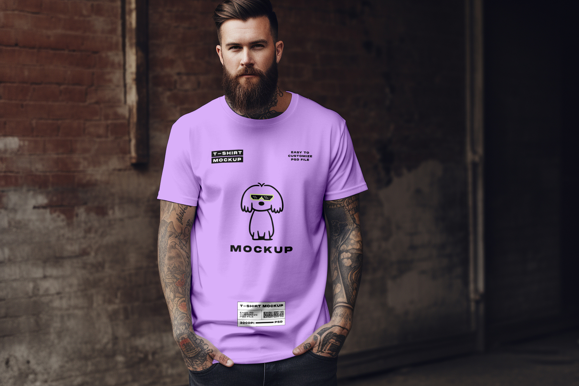 Tattooed Man Wearing T-shirt Mockup Brick Wall Background - Mockup Daddy