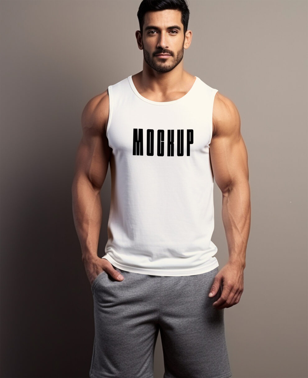 Premium PSD  Muscular young man in tank top mockup gym shirt