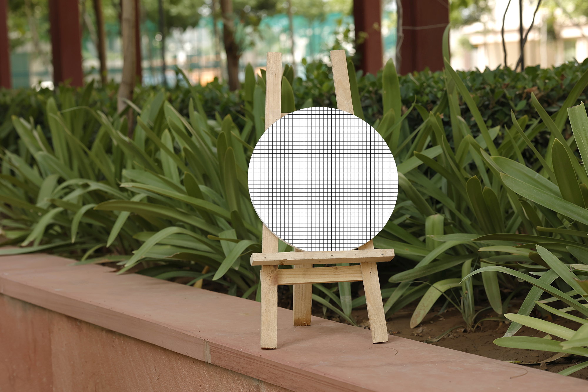 Outdoor Circle Canvas PSD Mockup On Easel PSD - Mockup Daddy